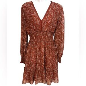 Max Studio Boho Floral Mini Dress with ruched waistline & long sleeves coastal